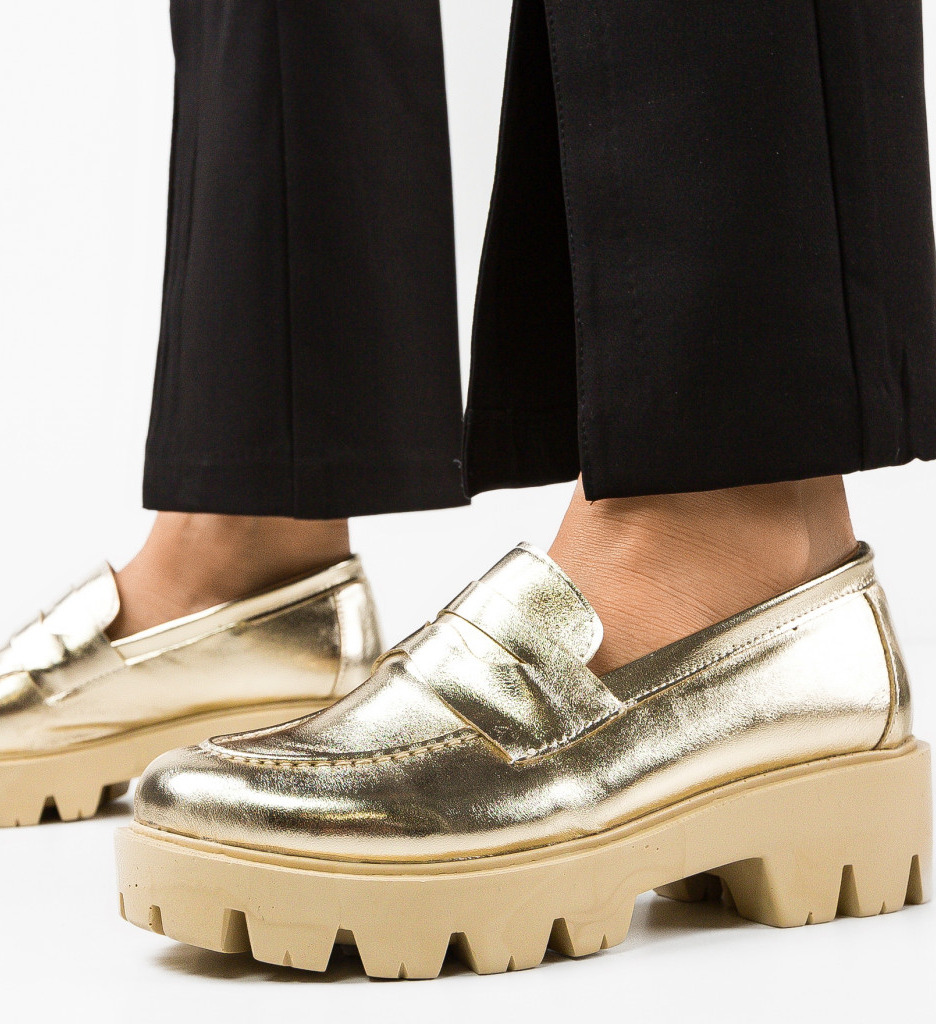 Pantofi superbi luciosi inalti casual Aurii de Dama Confortabili Wow Shoes Kardy cu talpa de 5.5cm