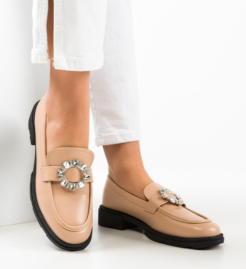 Pantofi de oras din piele eco casual Bej de Dama Trendy Ali Iezabel cu toc mic gros de 4.5cm