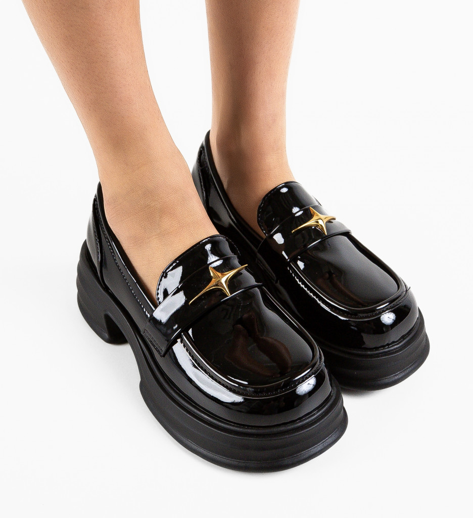 Pantofi din piele eco lacuita casual de oras Negri de Dama Chic Mei Mezony cu talpa de 5.5cm