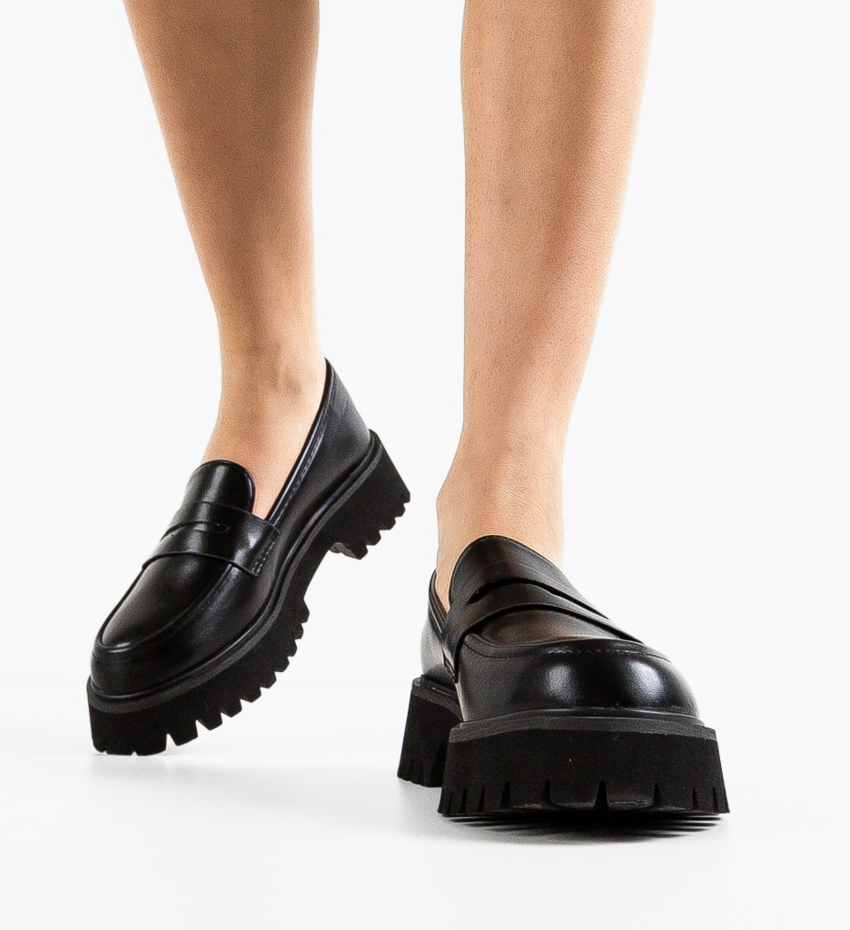 Pantofi casual slip-on din piele eco Negri de Dama Chic SFINX(LULU) Antonio cu talpa 5cm