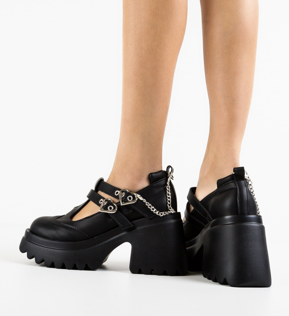 Pantofi casual Negri de de fete Confortabili Mei Zeluma cu platforma si catarama