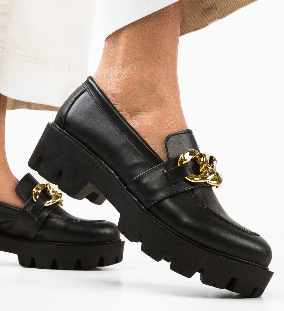 Pantofi clasici inalti cu lant auriu casual Negri de Dama Eleganti Wow Shoes Gely