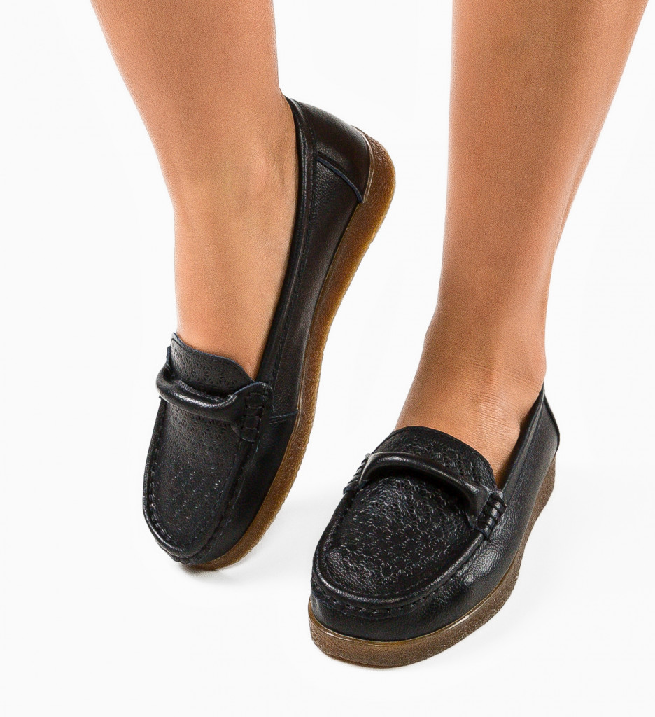 Pantofi casual din piele naturala Negri de Dama Moderni Botinelli Pedikan cu varf rotund ridicat