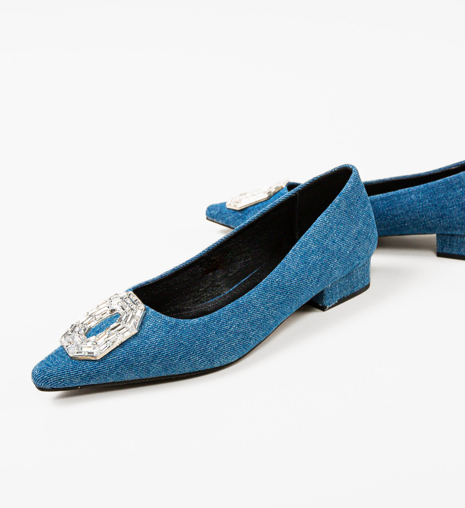 Pantofi eleganti cu toc gros mic Albastri de Ocazie Ali Bendo decorati cu brosa