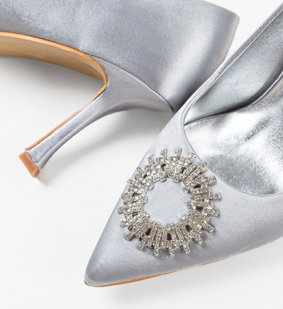 Pantofi de cununie cu toc subtire Argintii Eleganti Ali Gallegos cu brosa