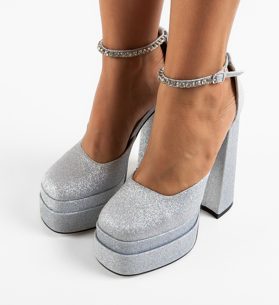 Pantofi inalti din glitter cu curelusa si toc de 14.5cm Argintii de Zi Wow Shoes Vestrok