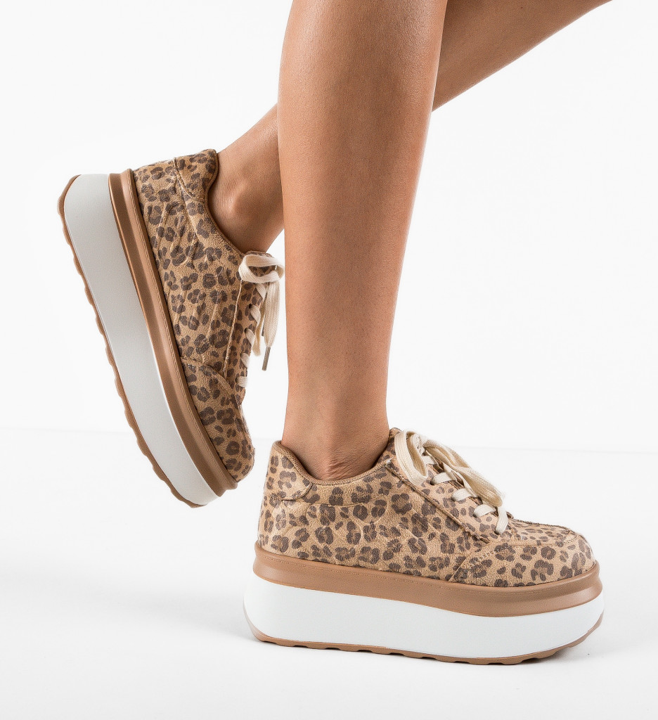 Sneakers dama cu platforma si animal print leopard Bej Eleganti Mei Uggety