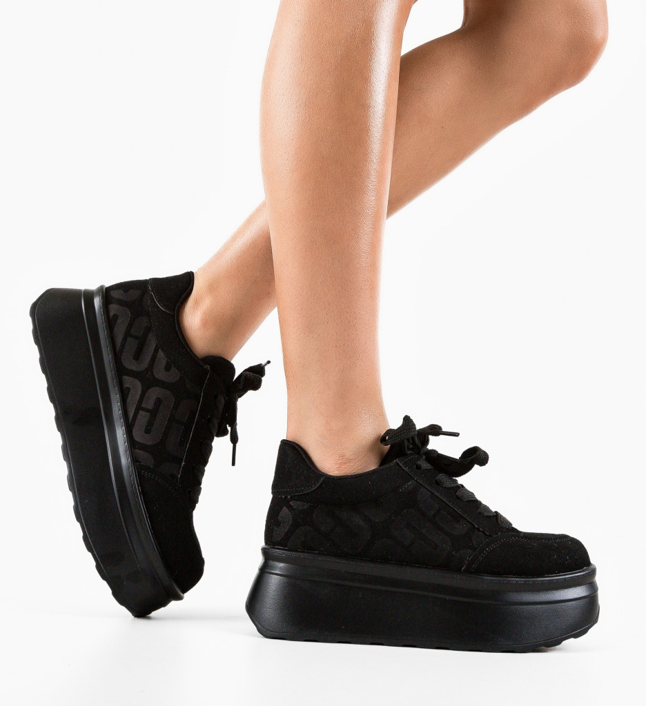 Sneakers inalti de zi gama dama Negri Chic Mei Uggety cu platforma de 5.5cm
