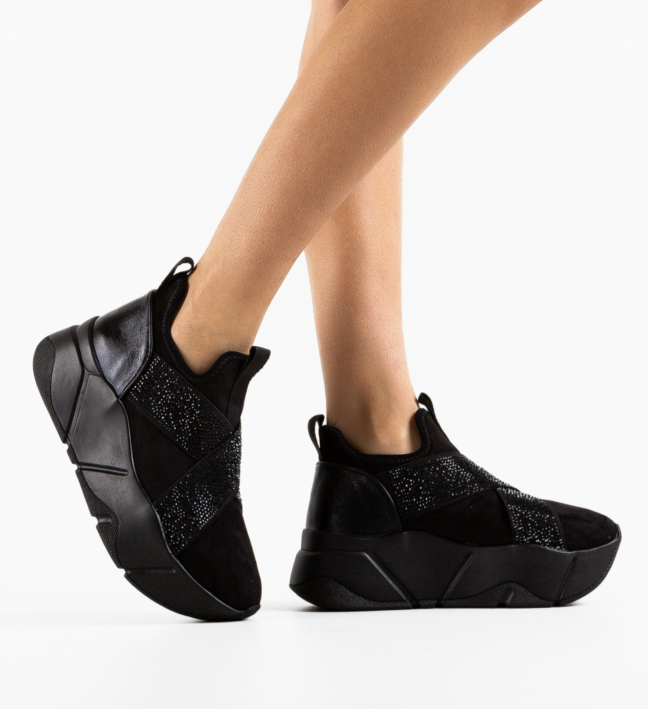 Sneakers elastici slip-on dama Negri Moderni Wow Shoes Niosoma cu platforma de 5.5cm
